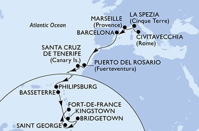 20 nights Transatlantic cruise on MSC World Europa
from 🇮🇹 Civitavecchia to 🇲🇶 Fort-de-France