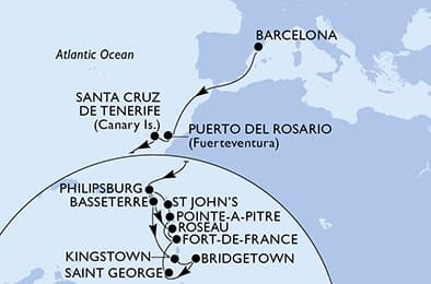 24 nights Transatlantic cruise on MSC World Europa
from ๐ช๐ธ Barcelona to ๐ฒ๐ถ Fort-de-France
