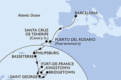 17 nights Transatlantic cruise on MSC World Europa
from 🇪🇸 Barcelona to 🇲🇶 Fort-de-France