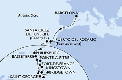 18 nights Transatlantic cruise on MSC World Europa
from ๐ช๐ธ Barcelona to ๐ฌ๐ต Pointe a Pitre