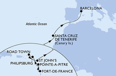 14 nights Transatlantic cruise on MSC World Europa
from 🇲🇶 Fort-de-France to 🇪🇸 Barcelona