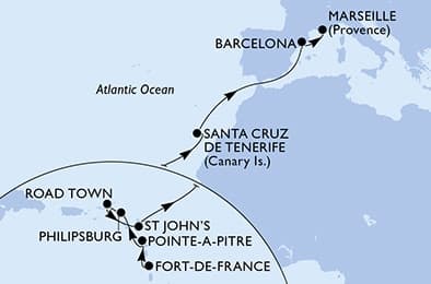 15 nights Transatlantic cruise on MSC World Europa
from 🇲🇶 Fort-de-France to 🇫🇷 Marseille