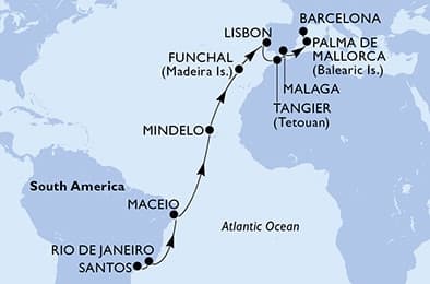 21 nights Transatlantic cruise on MSC Seaview
from 🇧🇷 Santos (Sao Paulo) to 🇪🇸 Barcelona