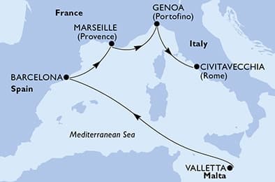 5 nights Mediterranean cruise on MSC World Europa
from 🇲🇹 Valletta to 🇮🇹 Civitavecchia