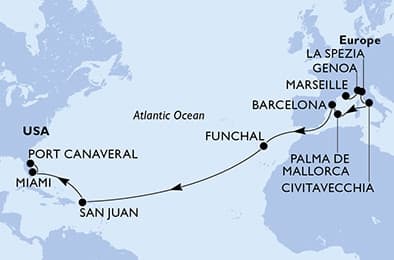 20 nights Transatlantic cruise on MSC Grandiosa
from 🇫🇷 Marseille to 🇺🇸 Port Canaveral