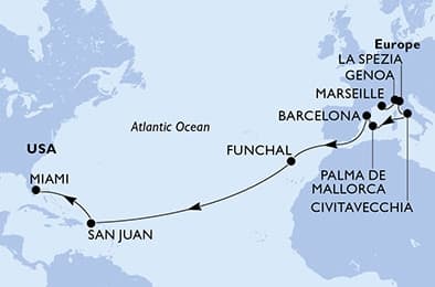 19 nights Transatlantic cruise on MSC Grandiosa
from 🇫🇷 Marseille to 🇺🇸 Miami