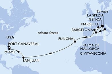 21 nights Transatlantic cruise on MSC Grandiosa
from 🇪🇸 Barcelona to 🇺🇸 Port Canaveral