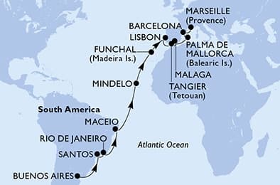 25 nights Transatlantic cruise on MSC Seaview
from 🇦🇷 Buenos Aires to 🇫🇷 Marseille