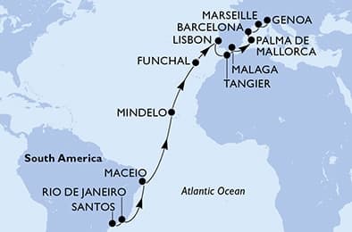 23 nights Transatlantic cruise on MSC Seaview
from 🇧🇷 Santos (Sao Paulo) to 🇮🇹 Genova