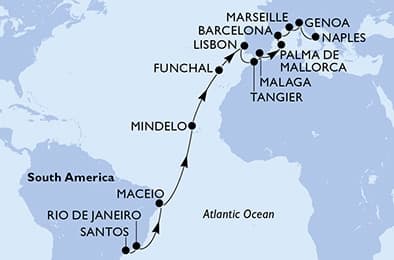 24 nights Transatlantic cruise on MSC Seaview
from 🇧🇷 Santos (Sao Paulo) to 🇮🇹 Naples
