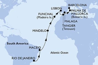 20 nights Transatlantic cruise on MSC Seaview
from 🇧🇷 Rio de Janeiro to 🇪🇸 Barcelona