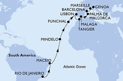22 nights Transatlantic cruise on MSC Seaview
from 🇧🇷 Rio de Janeiro to 🇮🇹 Genova