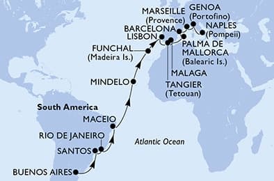 27 nights Transatlantic cruise on MSC Seaview
from ๐ฆ๐ท Buenos Aires to ๐ฎ๐น Naples
