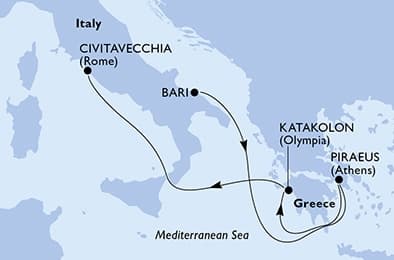 5 nights Mediterranean cruise on MSC Sinfonia
from 🇮🇹 Bari to 🇮🇹 Civitavecchia