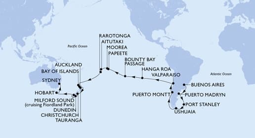 49 nights Extraordinary cruise on MSC Magnifica
from ๐ฆ๐ท Buenos Aires to ๐ฆ๐บ Sydney