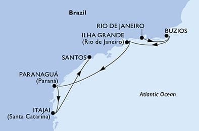 6 nights South American cruise on MSC Musica
from 🇧🇷 Rio de Janeiro to 🇧🇷 Santos (Sao Paulo)