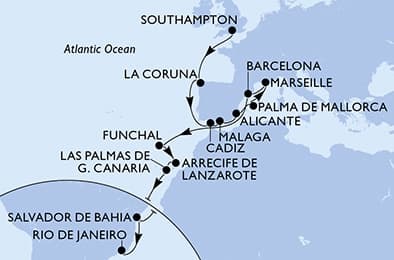 24 nights Transatlantic cruise on MSC Virtuosa
from ๐ฌ๐ง Southampton to ๐ง๐ท Rio de Janeiro