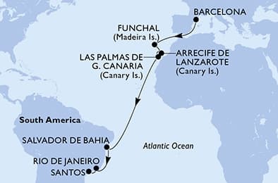 16 nights Transatlantic cruise on MSC Virtuosa
from 🇪🇸 Barcelona to 🇧🇷 Santos (Sao Paulo)