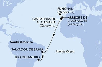 12 nights Transatlantic cruise on MSC Virtuosa
from 🇵🇹 Funchal to 🇧🇷 Rio de Janeiro