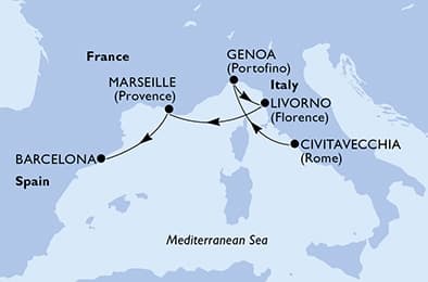4 nights Extraordinary cruise on MSC Opera
from 🇮🇹 Civitavecchia to 🇪🇸 Barcelona
