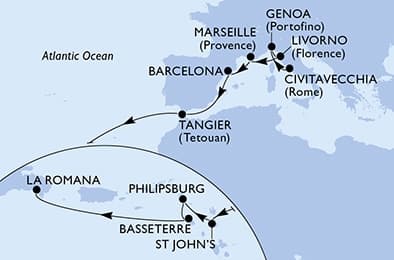 18 nights Transatlantic cruise on MSC Opera
from ๐ฎ๐น Civitavecchia to ๐ฉ๐ด La Romana