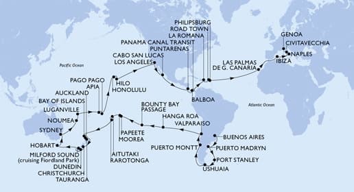 100 nights Extraordinary cruise on MSC Magnifica
from ๐ฆ๐ท Buenos Aires to ๐ฎ๐น Genova