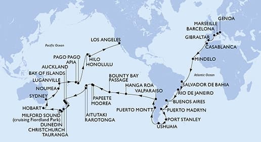 92 nights Extraordinary cruise on MSC Magnifica
from 🇮🇹 Genova to 🇺🇸 Los Angeles