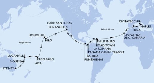 50 nights Extraordinary cruise on MSC Magnifica
from ๐ฆ๐บ Sydney to ๐ฎ๐น Civitavecchia
