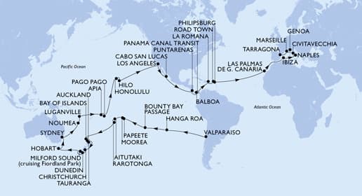 87 nights Extraordinary cruise on MSC Magnifica
from ๐จ๐ฑ Valparaiso to ๐ช๐ธ Tarragona