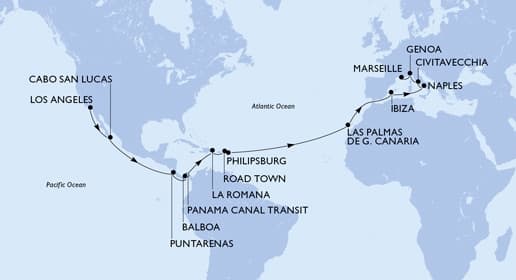 30 nights Extraordinary cruise on MSC Magnifica
from ๐บ๐ธ Los Angeles to ๐ซ๐ท Marseille