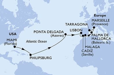 17 nights Transatlantic cruise on MSC Meraviglia
from 🇺🇸 Miami to 🇪🇸 Tarragona