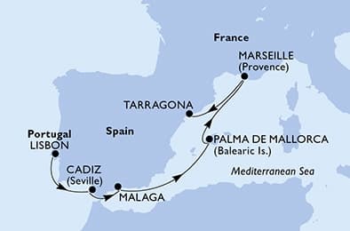 5 nights Extraordinary cruise on MSC Meraviglia
from 🇵🇹 Lisbon to 🇪🇸 Tarragona