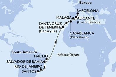 16 nights Transatlantic cruise on MSC Divina
from 🇧🇷 Santos (São Paulo) to 🇪🇸 Barcelona