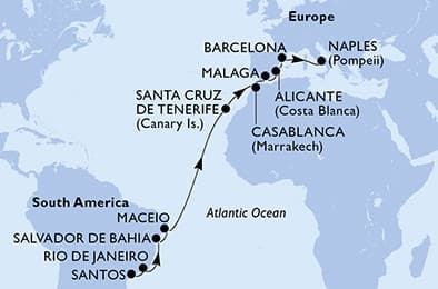 18 nights Transatlantic cruise on MSC Divina
from ๐ง๐ท Santos (Sao Paulo) to ๐ฎ๐น Naples