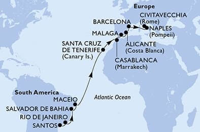 19 nights Transatlantic cruise on MSC Divina
from 🇧🇷 Santos (Sao Paulo) to 🇮🇹 Civitavecchia