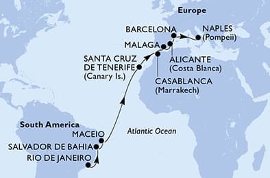 17 nights Transatlantic cruise on MSC Divina
from ๐ง๐ท Rio de Janeiro to ๐ฎ๐น Naples