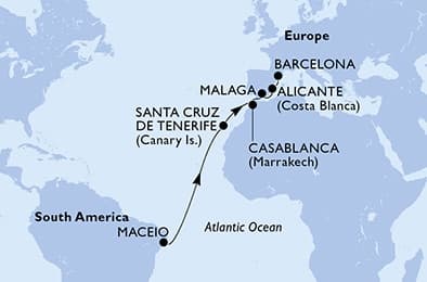 12 nights Transatlantic cruise on MSC Divina
from 🇧🇷 Maceio to 🇪🇸 Barcelona