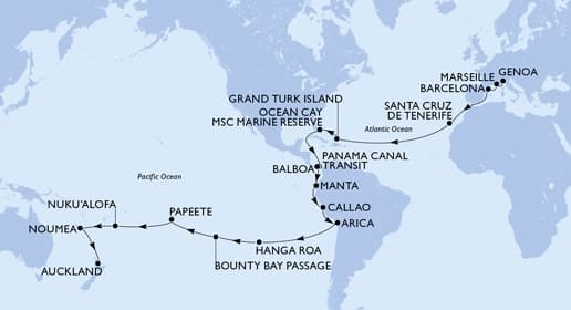 50 nights Extraordinary cruise on MSC Magnifica
from ๐ฎ๐น Genova to ๐ณ๐ฟ Auckland