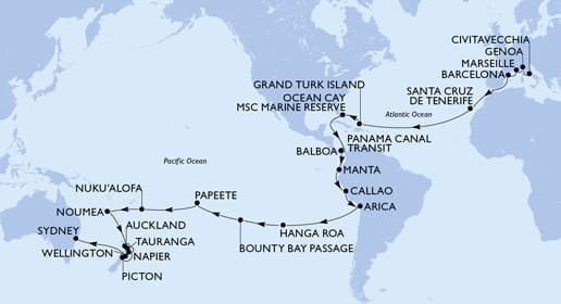 60 nights Extraordinary cruise on MSC Magnifica
from ๐ฎ๐น Civitavecchia to ๐ฆ๐บ Sydney