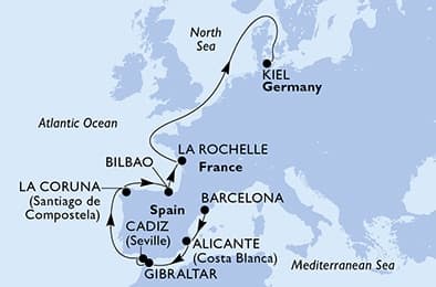 10 nights North European cruise on MSC Euribia
from 🇪🇸 Barcelona to 🇩🇪 Kiel