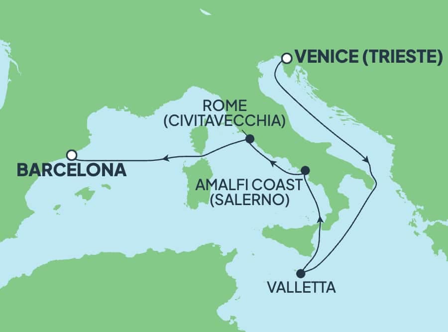 7 nights Mediterranean cruise on AURA
from ๐ฎ๐น Venice to ๐ช๐ธ Tarragona