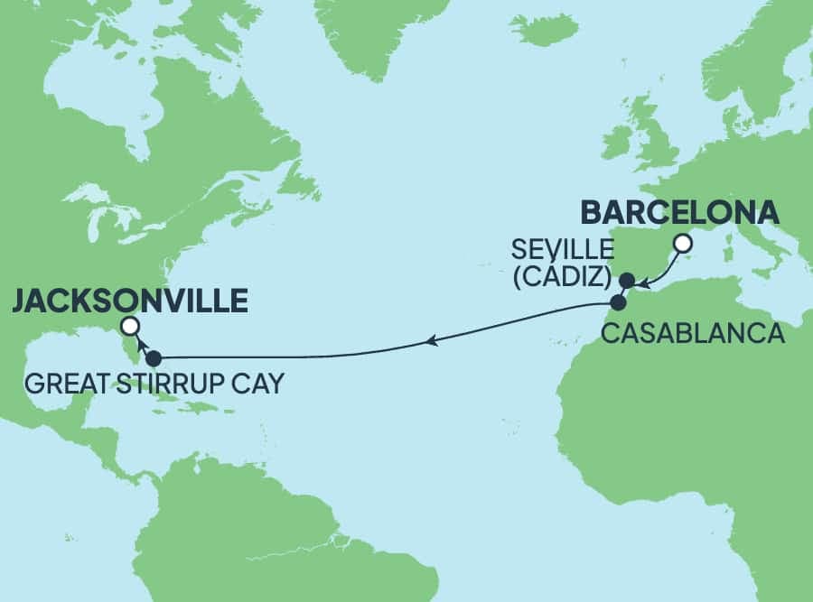 14 nights Transatlantic cruise on Norwegian Dawn
from ๐ช๐ธ Barcelona to ๐บ๐ธ Jacksonville