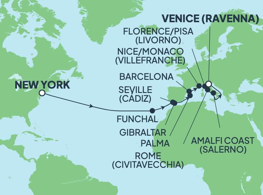 19 nights Transatlantic cruise on Norwegian Gem
from ๐บ๐ธ New York to ๐ฎ๐น Ravenna