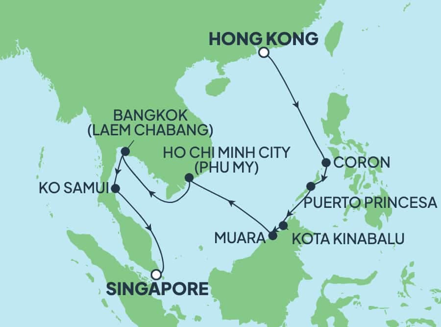 12 nights Asian cruise on Norwegian Jade
from ๐ญ๐ฐ Hong Kong to ๐ธ๐ฌ Singapore