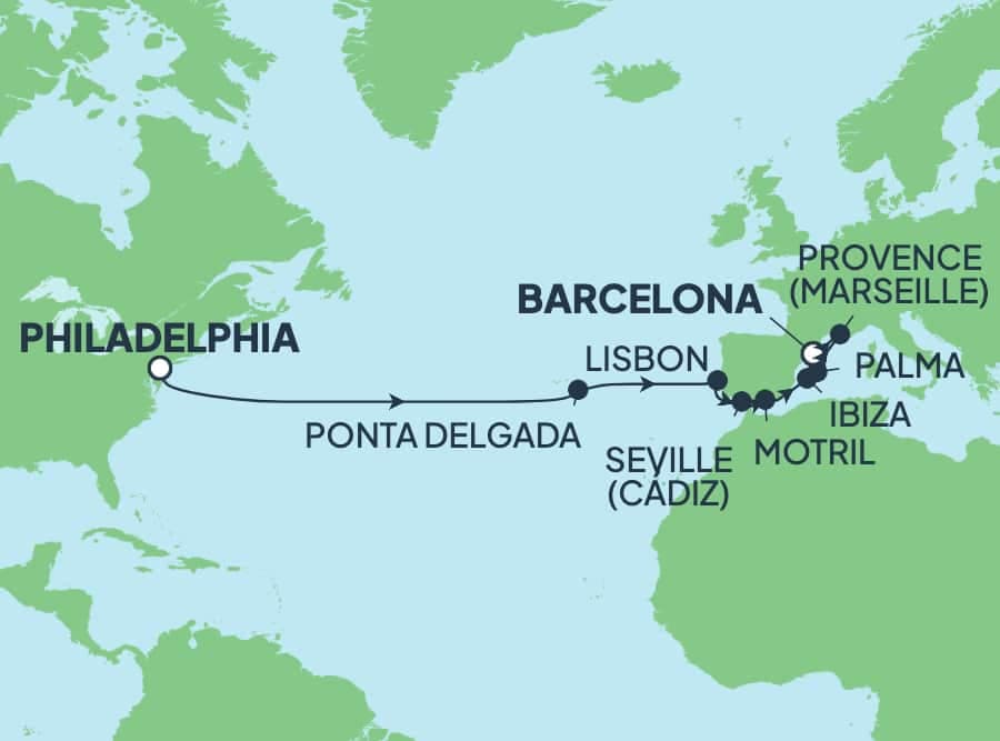 14 nights Transatlantic cruise on Norwegian Pearl
from ๐บ๐ธ Philadelphia to ๐ช๐ธ Barcelona