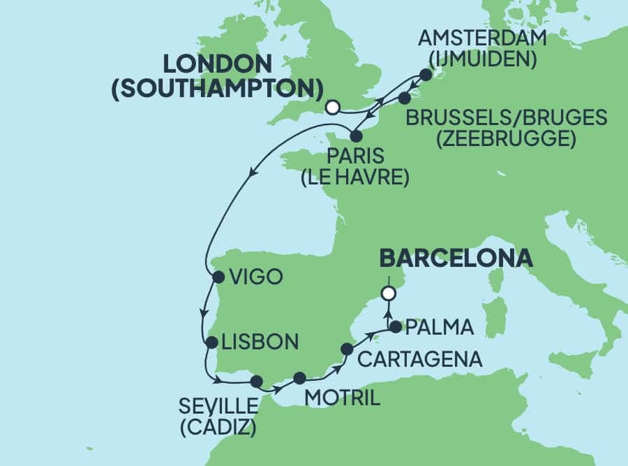 11 nights North European cruise on Norwegian Sky
from ๐ฌ๐ง Southampton to ๐ช๐ธ Barcelona