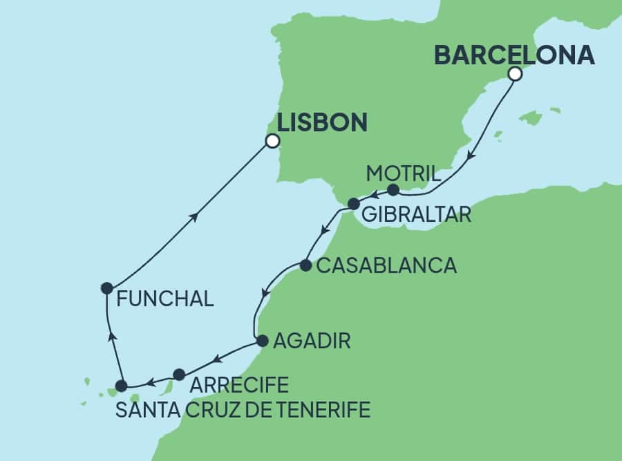 10 nights Mediterranean cruise on Norwegian Star
from ๐ช๐ธ Barcelona to ๐ต๐น Lisbon