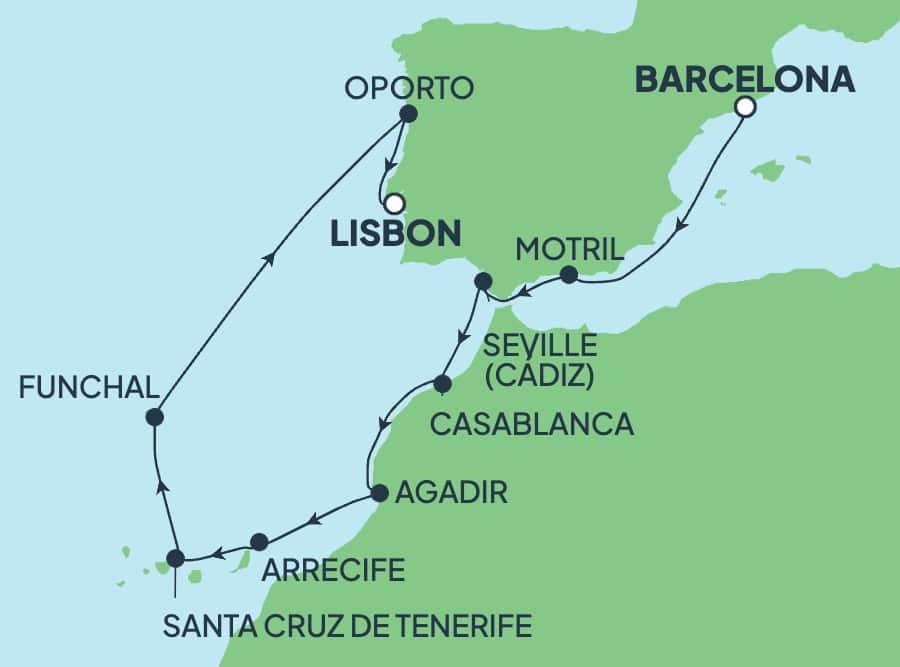 11 nights South African cruise on Norwegian Star
from ๐ช๐ธ Barcelona to ๐ต๐น Lisbon