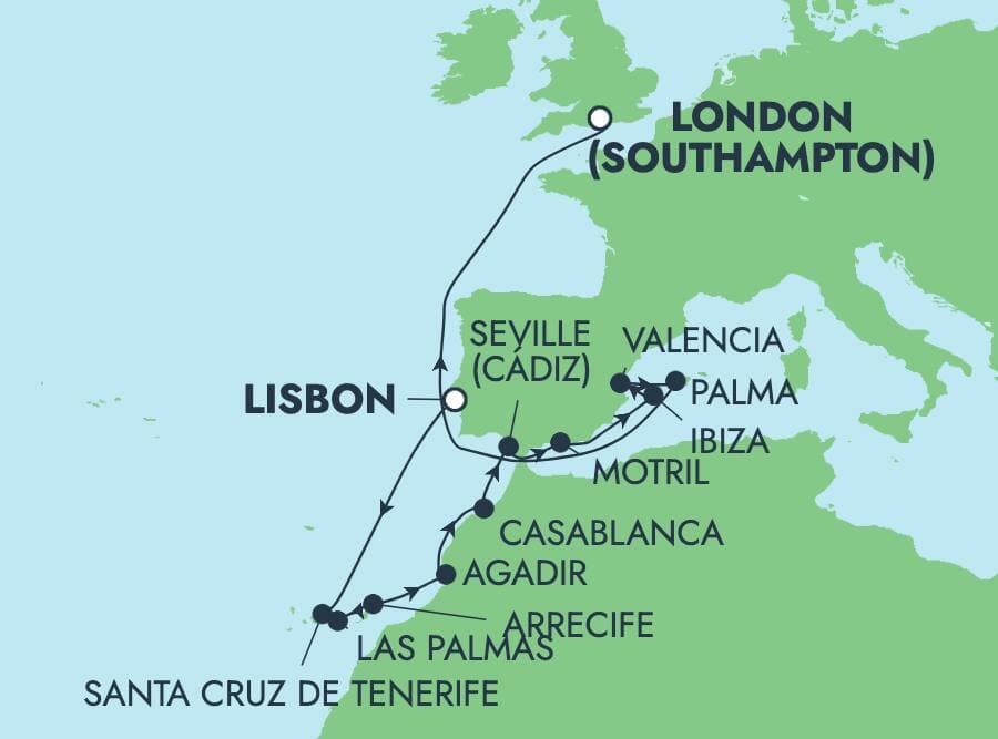 12 nights Mediterranean cruise on Norwegian Star
from ๐ต๐น Lisbon to ๐ฌ๐ง Southampton