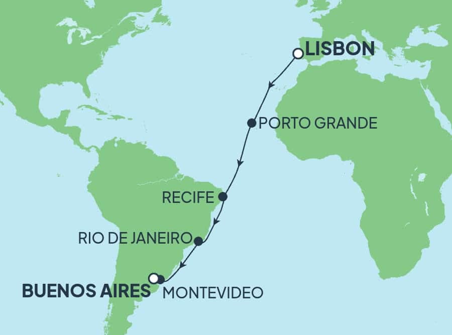 15 nights Transatlantic cruise on Norwegian Star
from ๐ต๐น Lisbon to ๐ฆ๐ท Buenos Aires